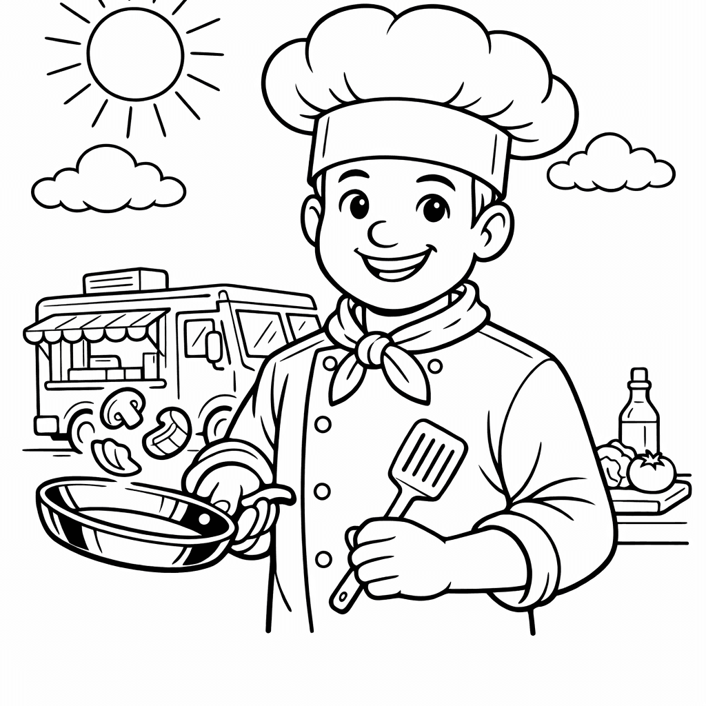 Free printable coloring page: A Cheerful Chef Cooks Over A Campfire, Surrounded…, for ages 7-12