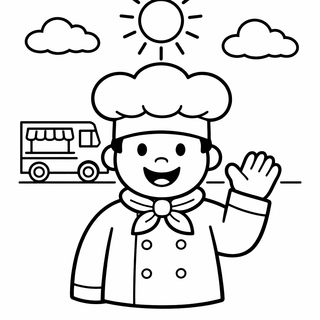 Free printable coloring page: A Whimsical Chef Stands In A Sunny Garden,…, for ages 3-6