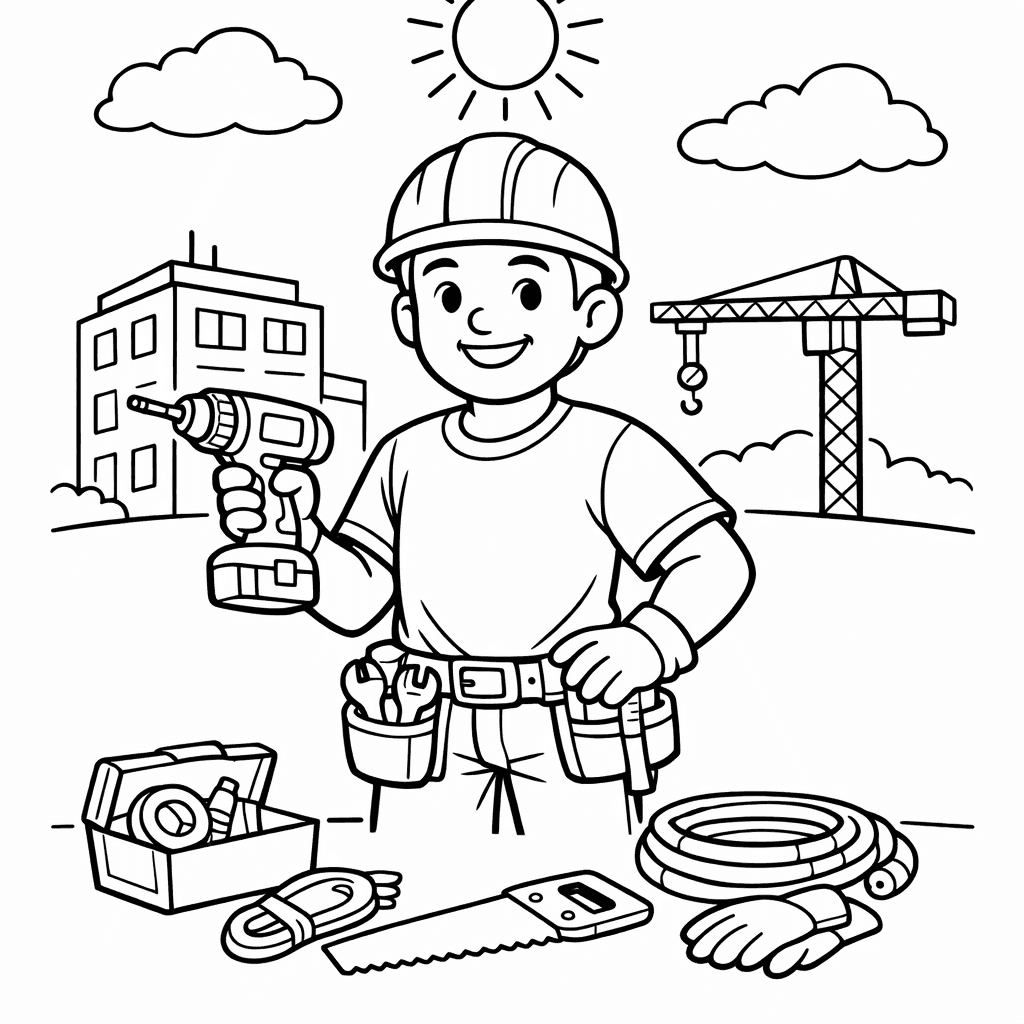 Free printable coloring page: A Cheerful Construction Worker, Wearing A Bright Hard…, for ages 7-12