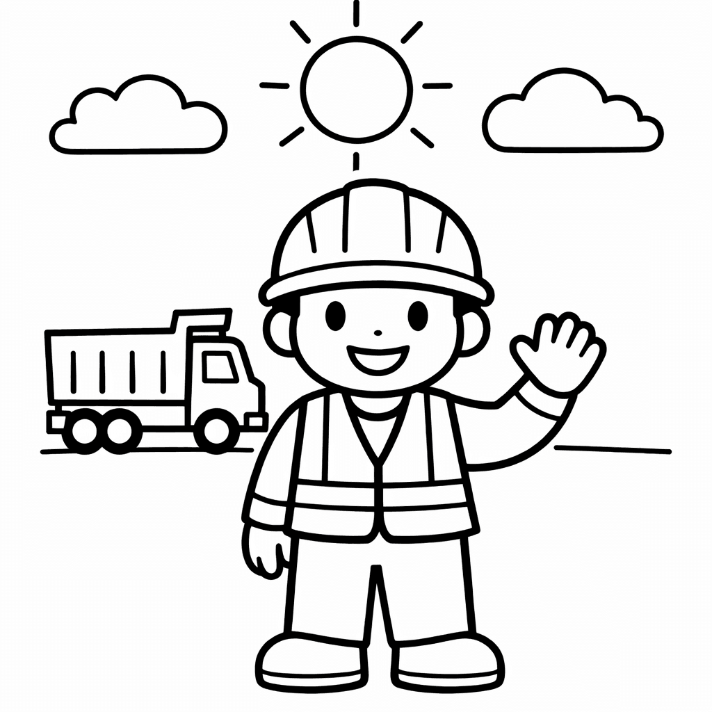 Free printable coloring page: A Whimsical Construction Worker And A Playful Dog…, for ages 3-6