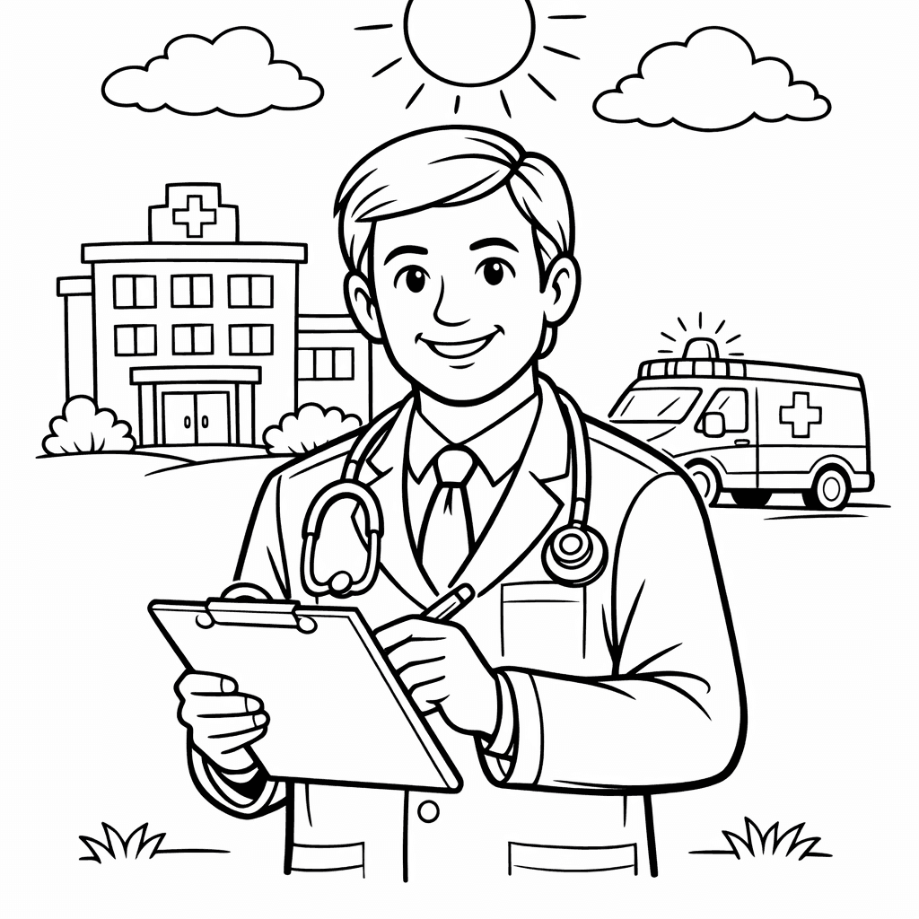 Free printable coloring page: Inside A Medical Office, A Serious-looking Doctor Examines…, for ages 7-12