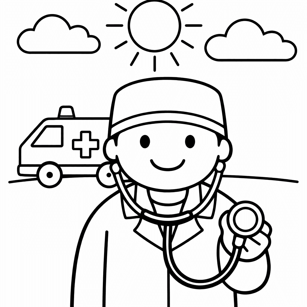 Free printable coloring page: A Doctor Holding A Giant, Whimsical Thermometer Stands…, for ages 3-6