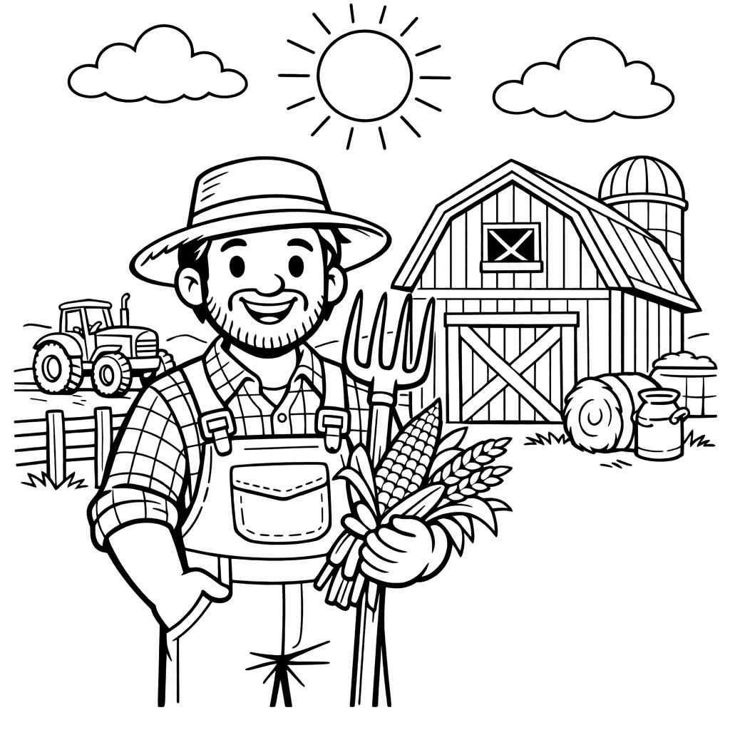 Free printable coloring page: A Joyful Farmer With A Straw Hat Kneels…, for ages 7-12