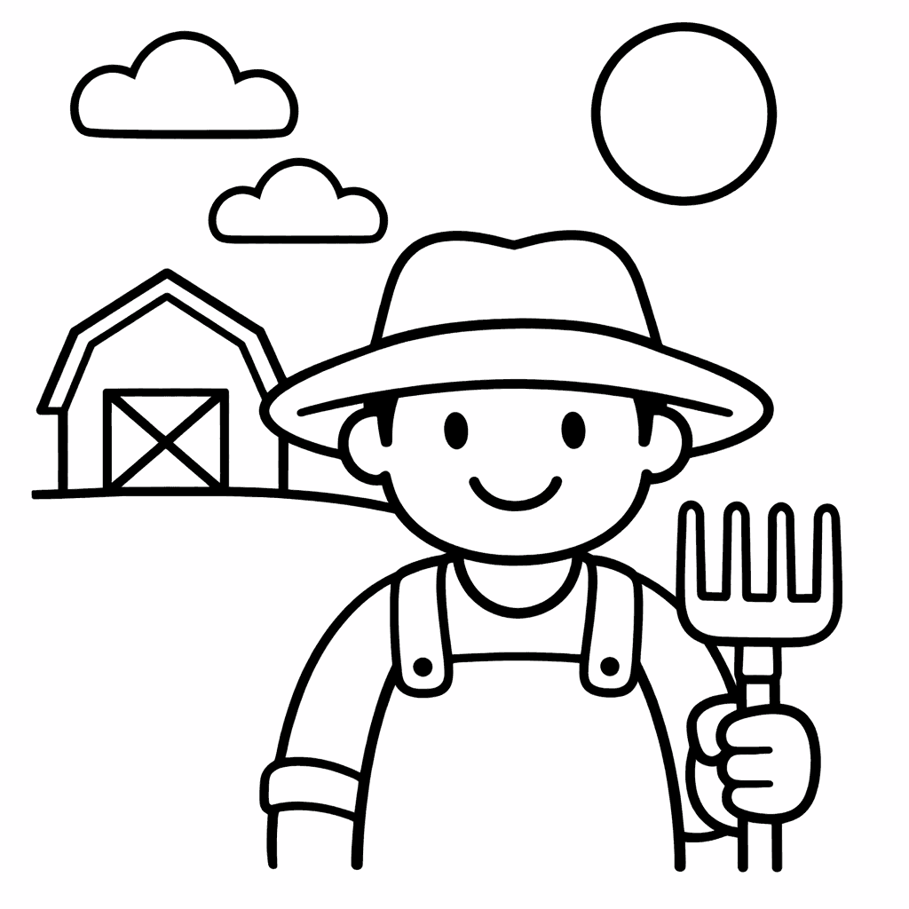 Free printable coloring page: High Above A Lush Farm, A Determined Farmer…, for ages 3-6