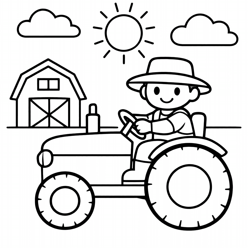 Free printable coloring page: In A Cozy Barn, A Farmer Playfully Works…, for ages 3-6