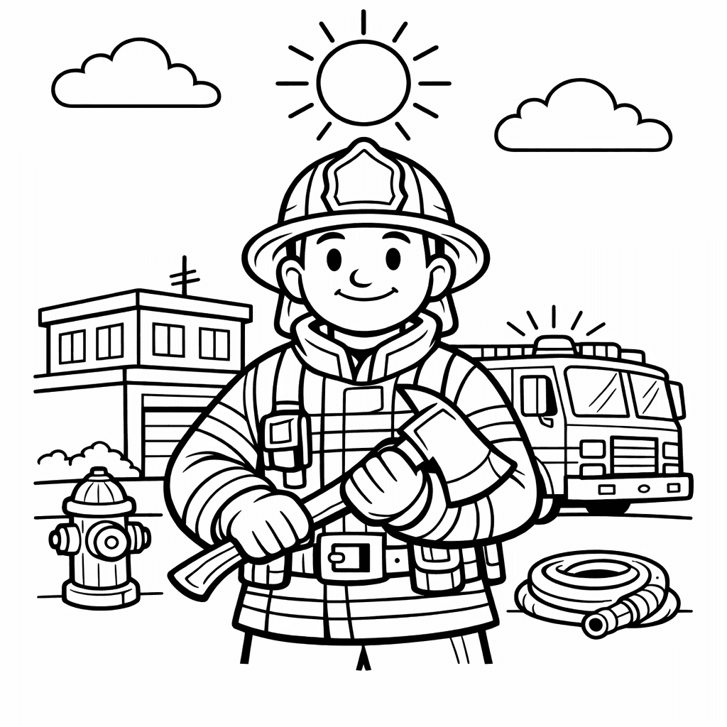 Free printable coloring page: A Brave Firefighter Slides Down A Fire Pole…, for ages 7-12
