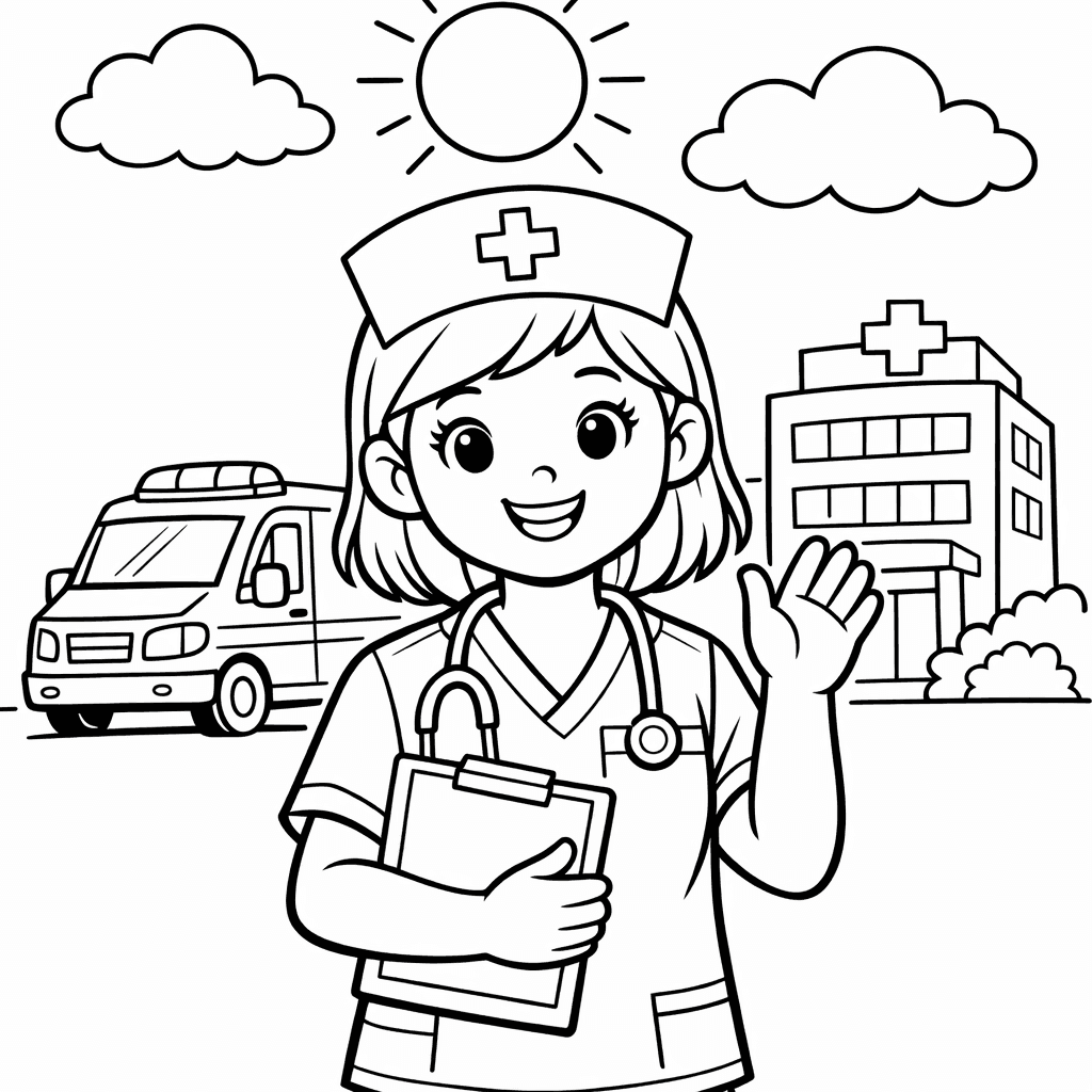 Free printable coloring page: A Cheerful Nurse Kneels Beside A Colorful Garden,…, for ages 7-12