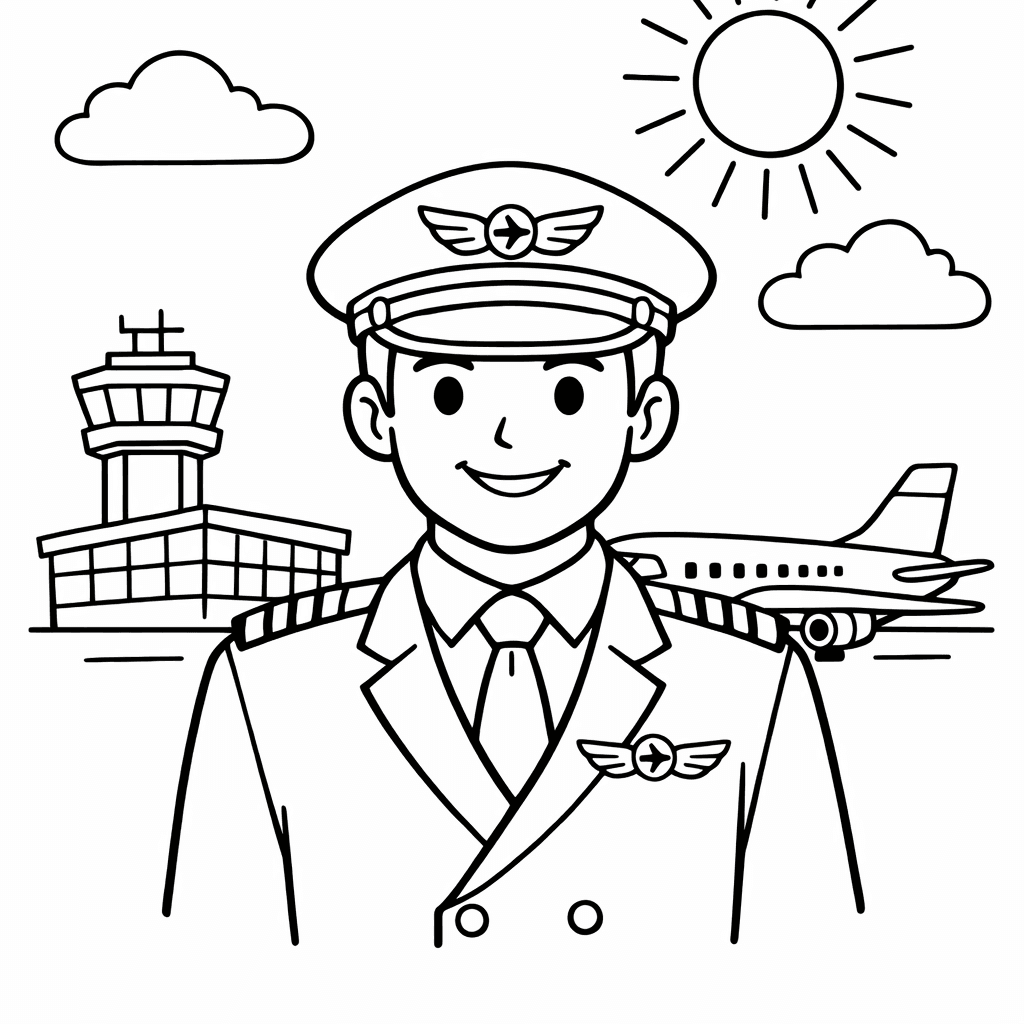 Free printable coloring page: A Pilot Wearing Aviator Sunglasses Stands Proudly Next…, for ages 7-12