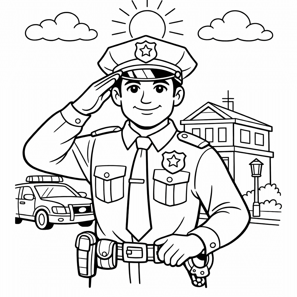 Free printable coloring page: A Police Officer Directs Traffic At A Bustling…, for ages 7-12