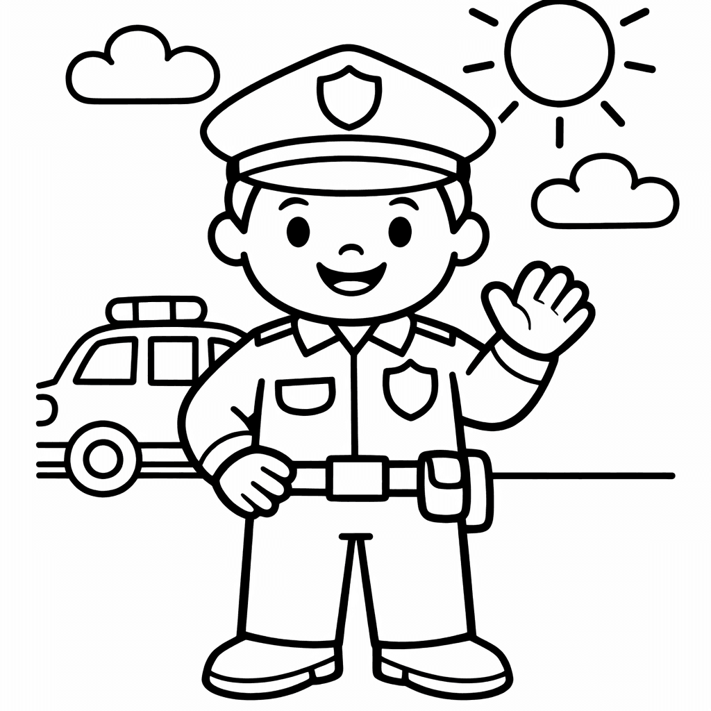 Free printable coloring page: Inside A Police Station, A Police Officer Sits…, for ages 3-6