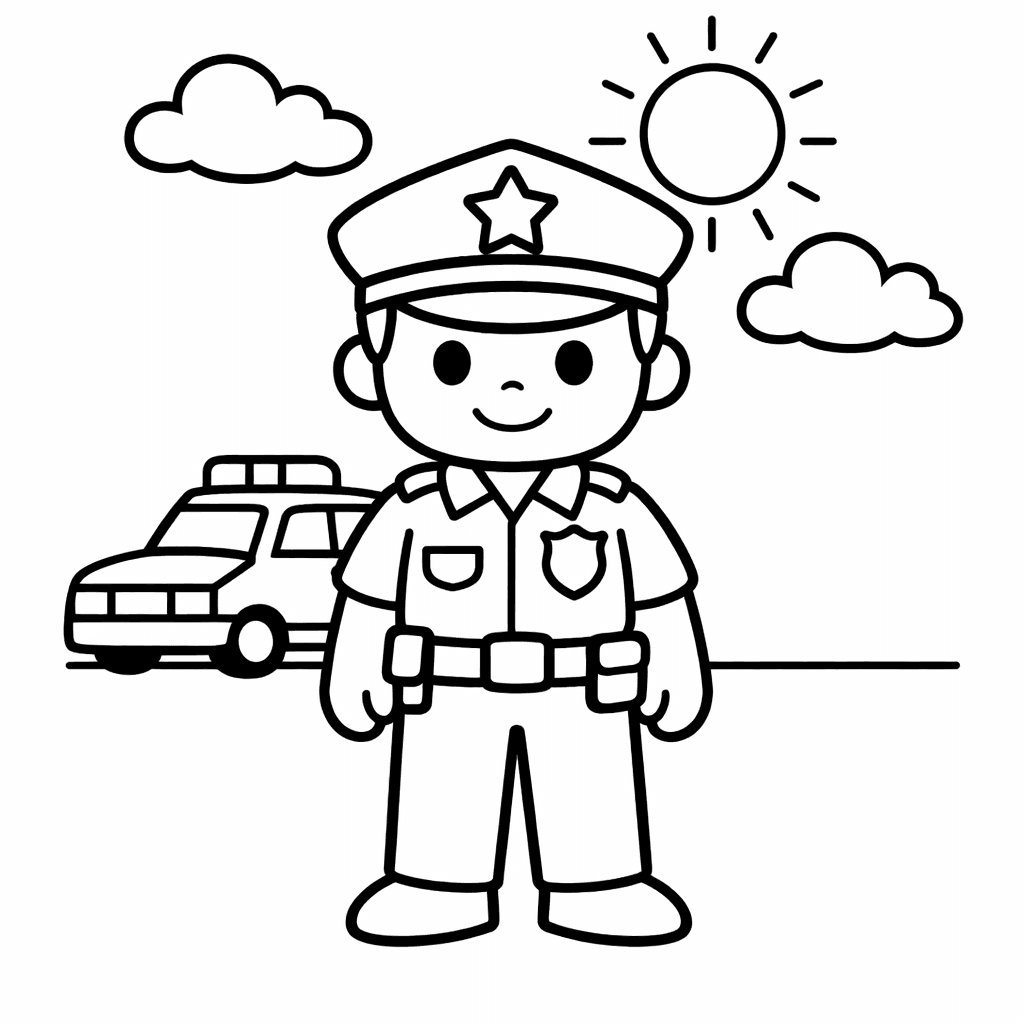 Free printable coloring page: A Friendly Police Officer Waves From A Busy…, for ages 3-6