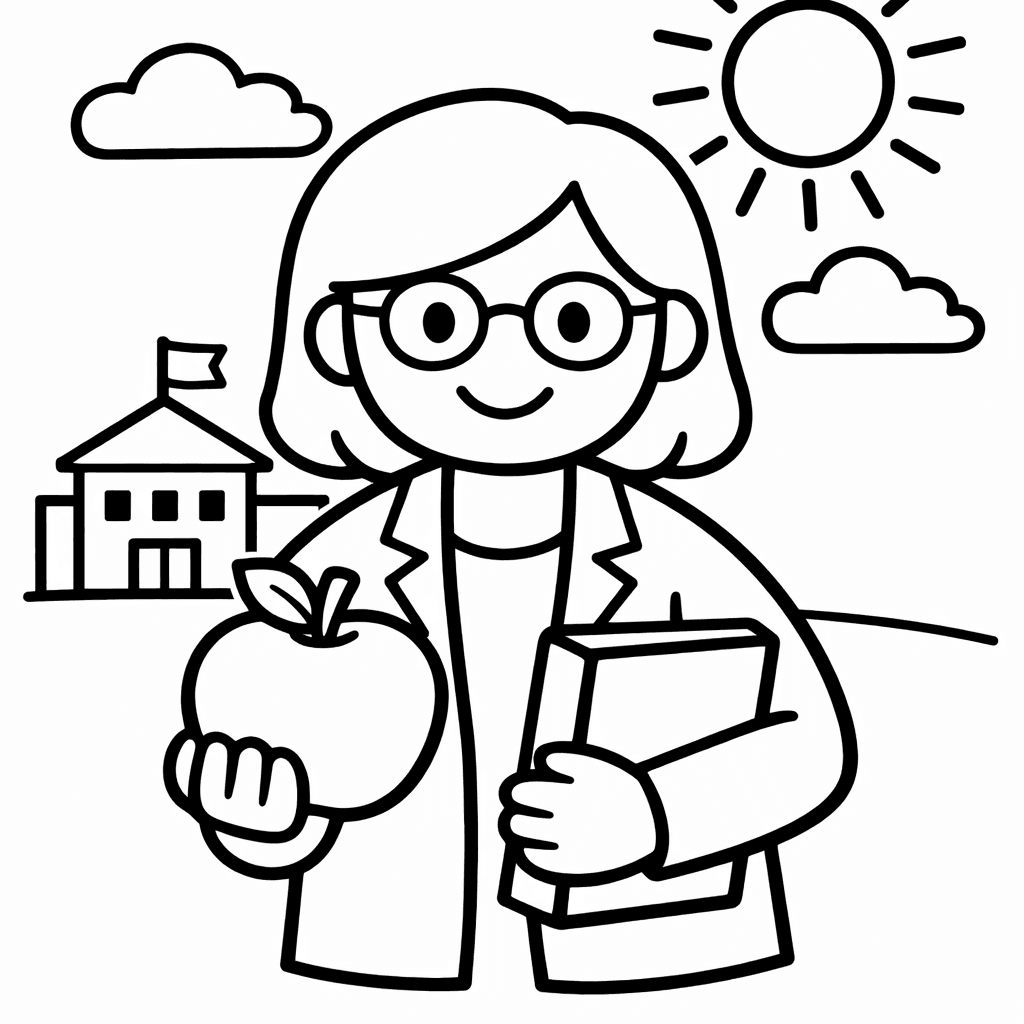 Free printable coloring page: A Cheerful Teacher Stands Outside Under A Tree,…, for ages 3-6