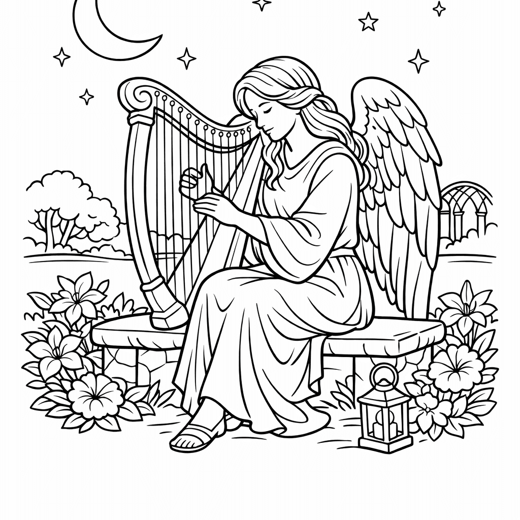 Free printable coloring page: Angel With Harp, for ages 7-12