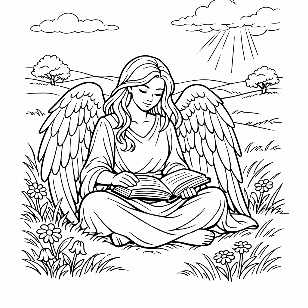 Free printable coloring page: Angel Holding Dove, for ages 7-12