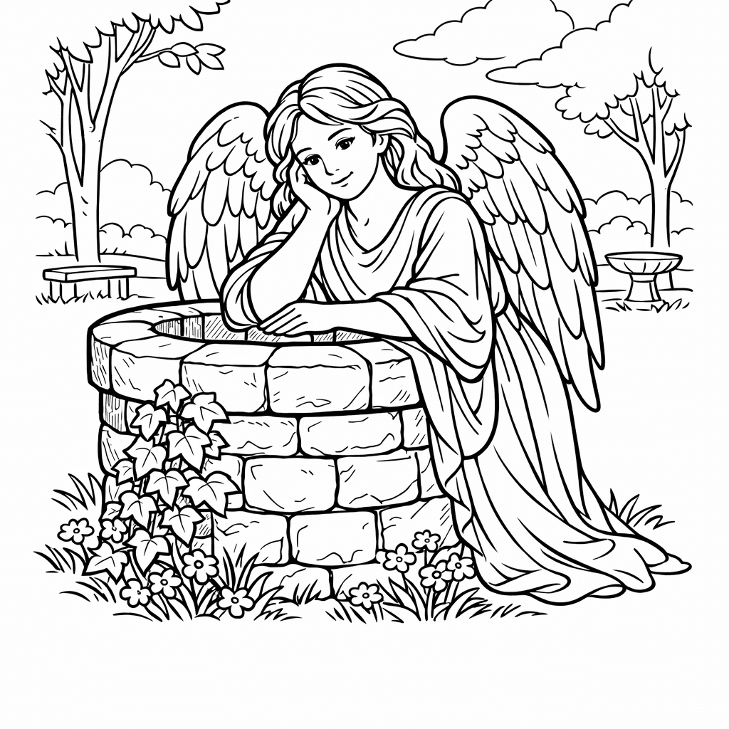 Free printable coloring page: Angel With Harp, for ages 7-12