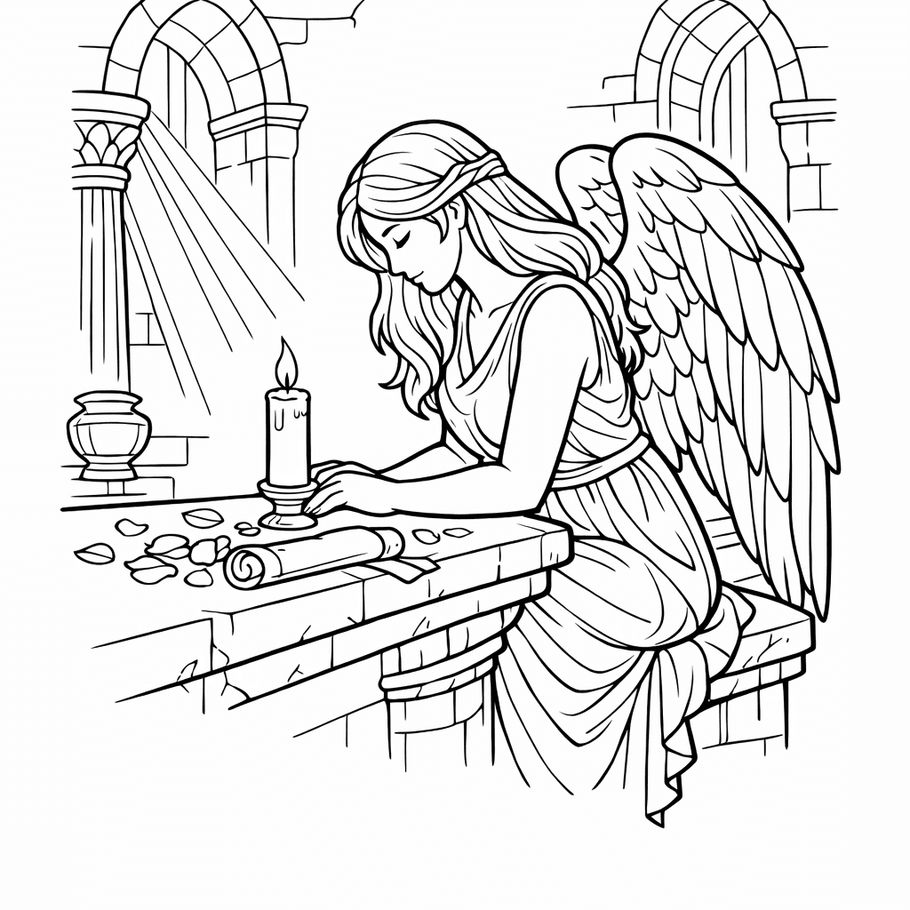 Free printable coloring page: Angel Holding Dove, for ages 7-12