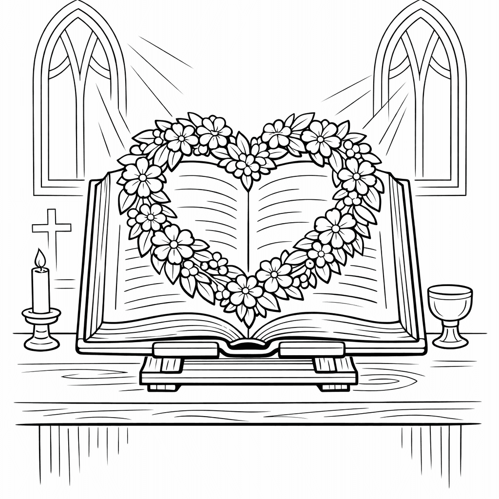 Free printable coloring page: Bible And Heart, for ages 7-12