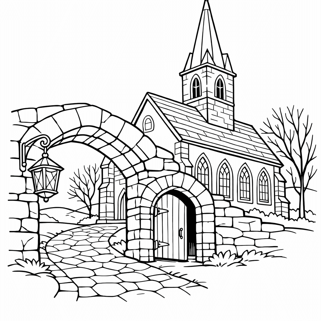 Free printable coloring page: Object Only: A Cute Church With Clean Outlines,…, for ages 7-12