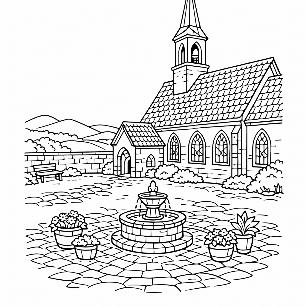 Free printable coloring page: Church With Steeple, for ages 7-12