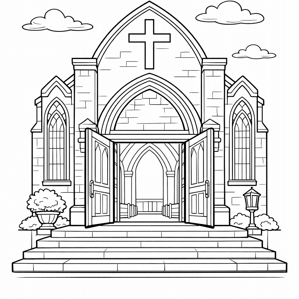Free printable coloring page: Church And Sun, for ages 7-12