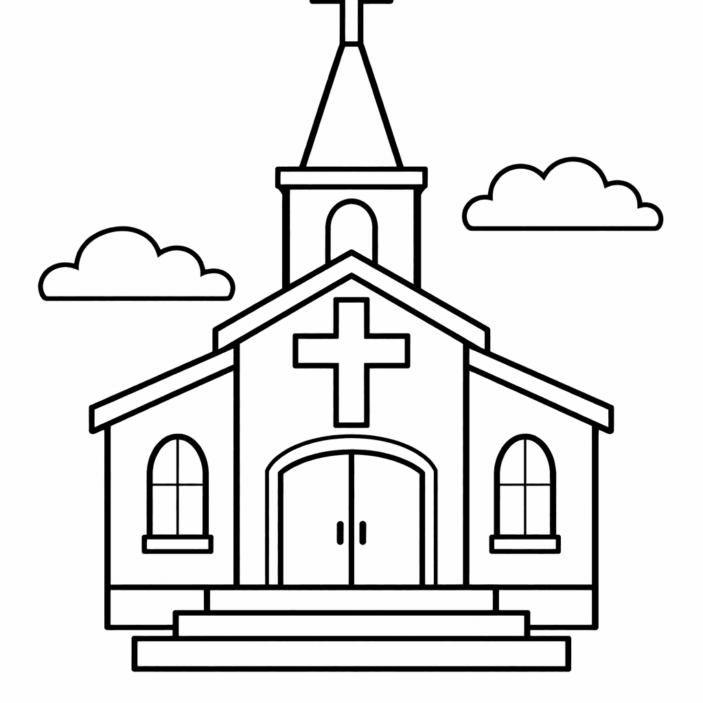 Free printable coloring page: Church And Trees, for ages 3-6