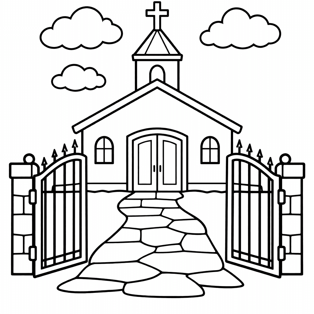 Free printable coloring page: Church And Cross, for ages 3-6
