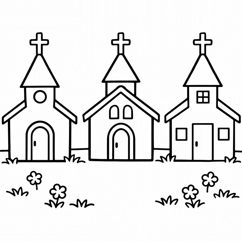 Free printable coloring page: Church And Trees, for ages 3-6