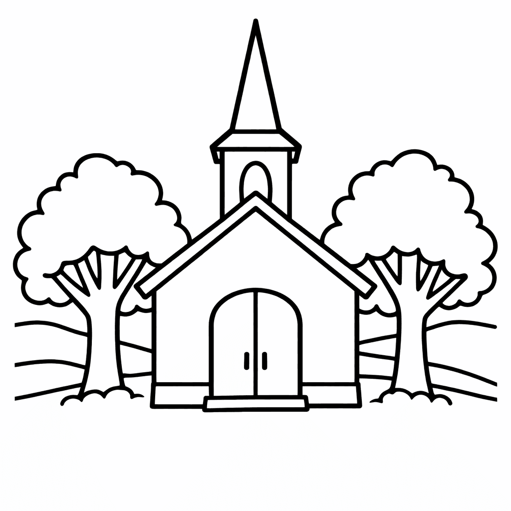 Free printable coloring page: Church With Steeple, for ages 3-6