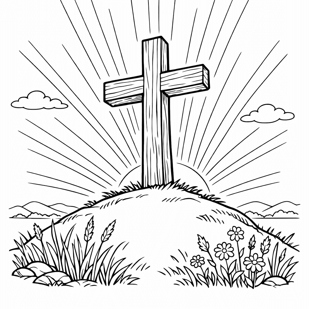 Free printable coloring page: Cross And Rays, for ages 7-12