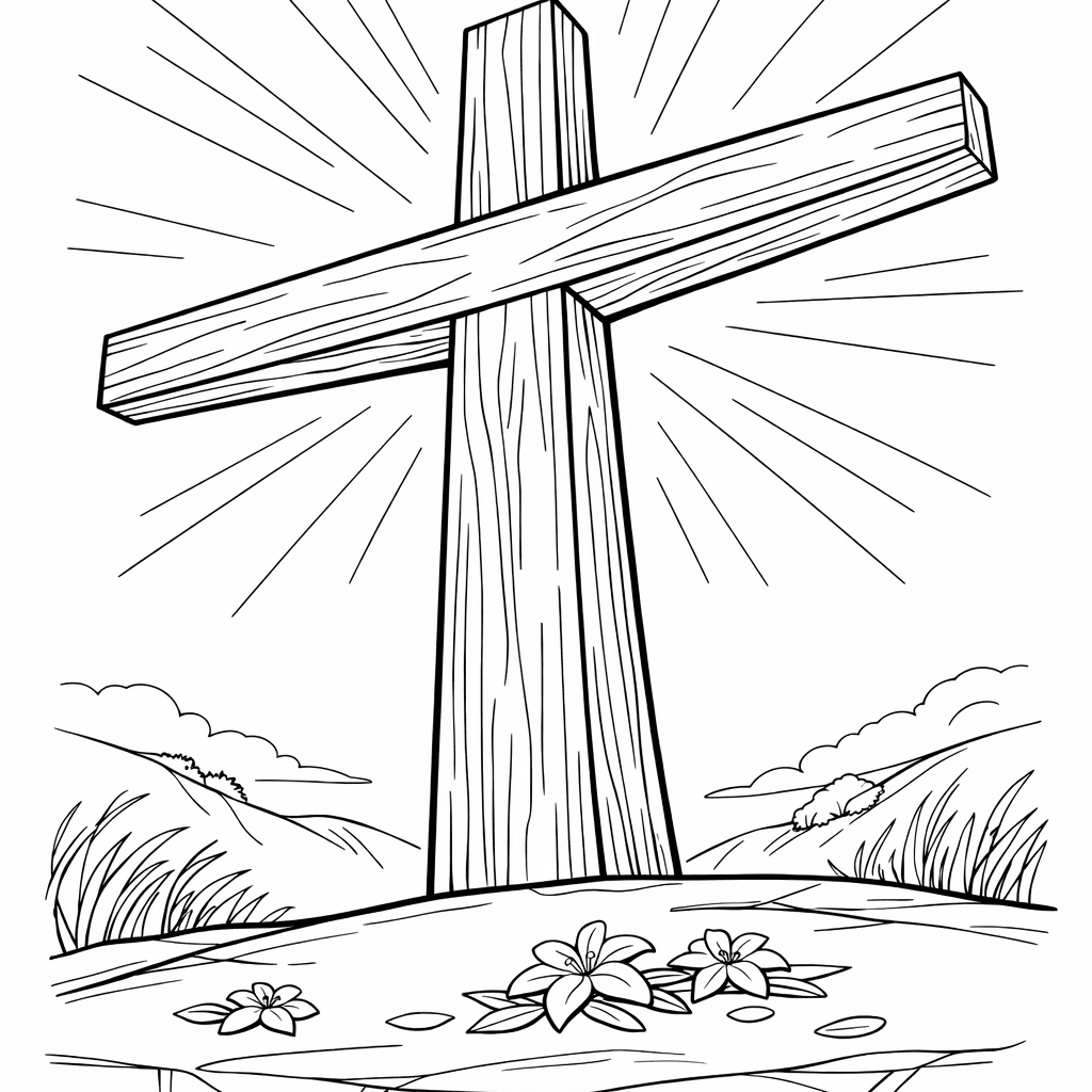 Free printable coloring page: Cross And Rays, for ages 7-12