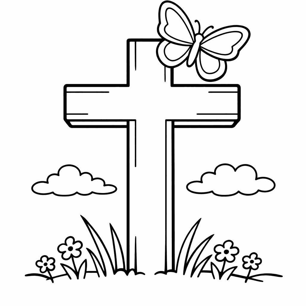 Free printable coloring page: Cross And Flowers, for ages 3-6