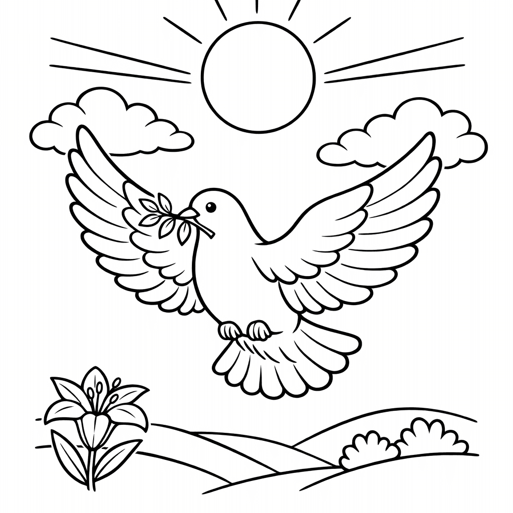 Free printable coloring page: Dove And Sun, for ages 7-12