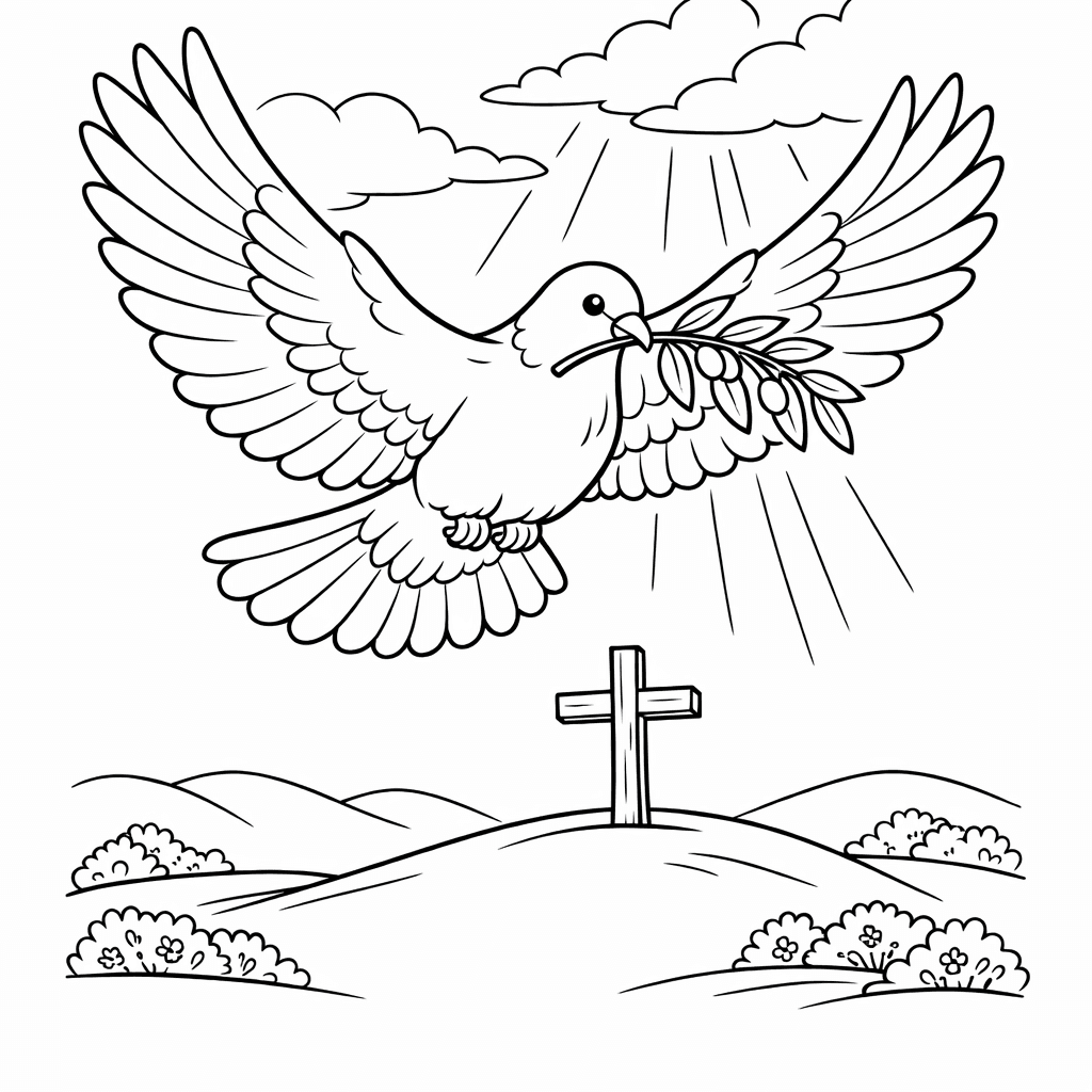 Free printable coloring page: Dove And Cross, for ages 7-12