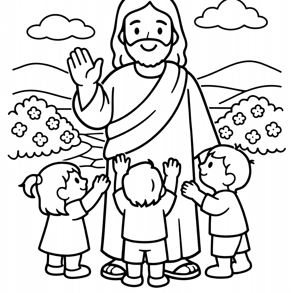 Free printable coloring page: Jesus With Children, for ages 3-6