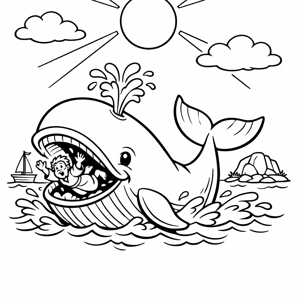 Free printable coloring page: Object Only: A Cute Jonah And The Whale…, for ages 7-12
