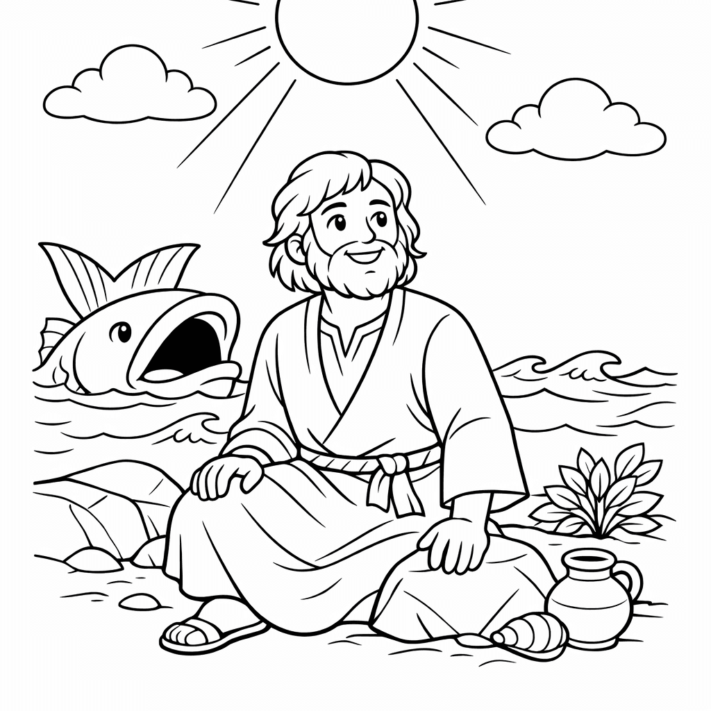 Free printable coloring page: Object Only: A Cute Jonah And The Whale…, for ages 7-12