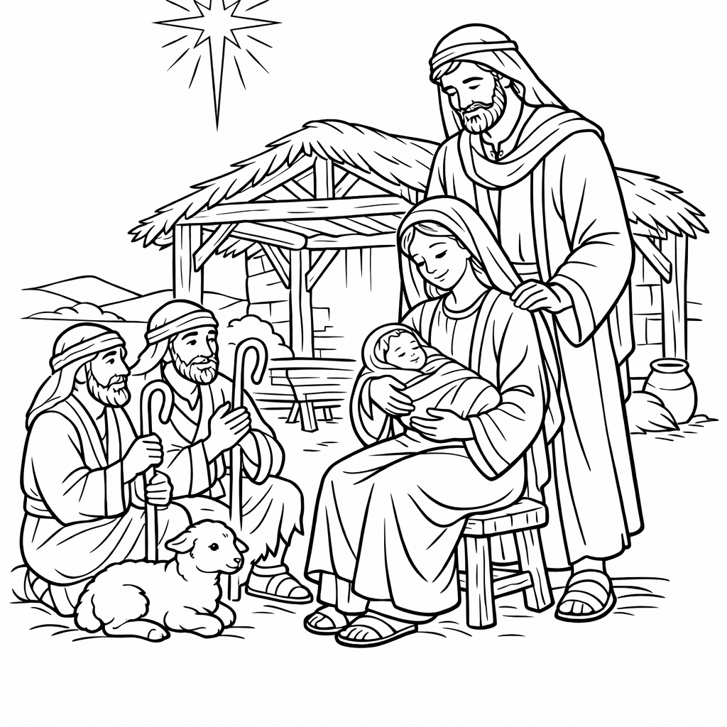 Free printable coloring page: Nativity Simple, for ages 7-12