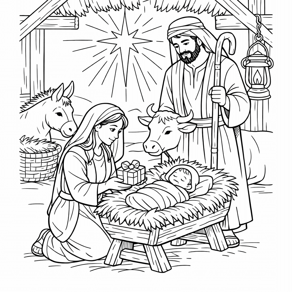 Free printable coloring page: Stable And Star, for ages 7-12