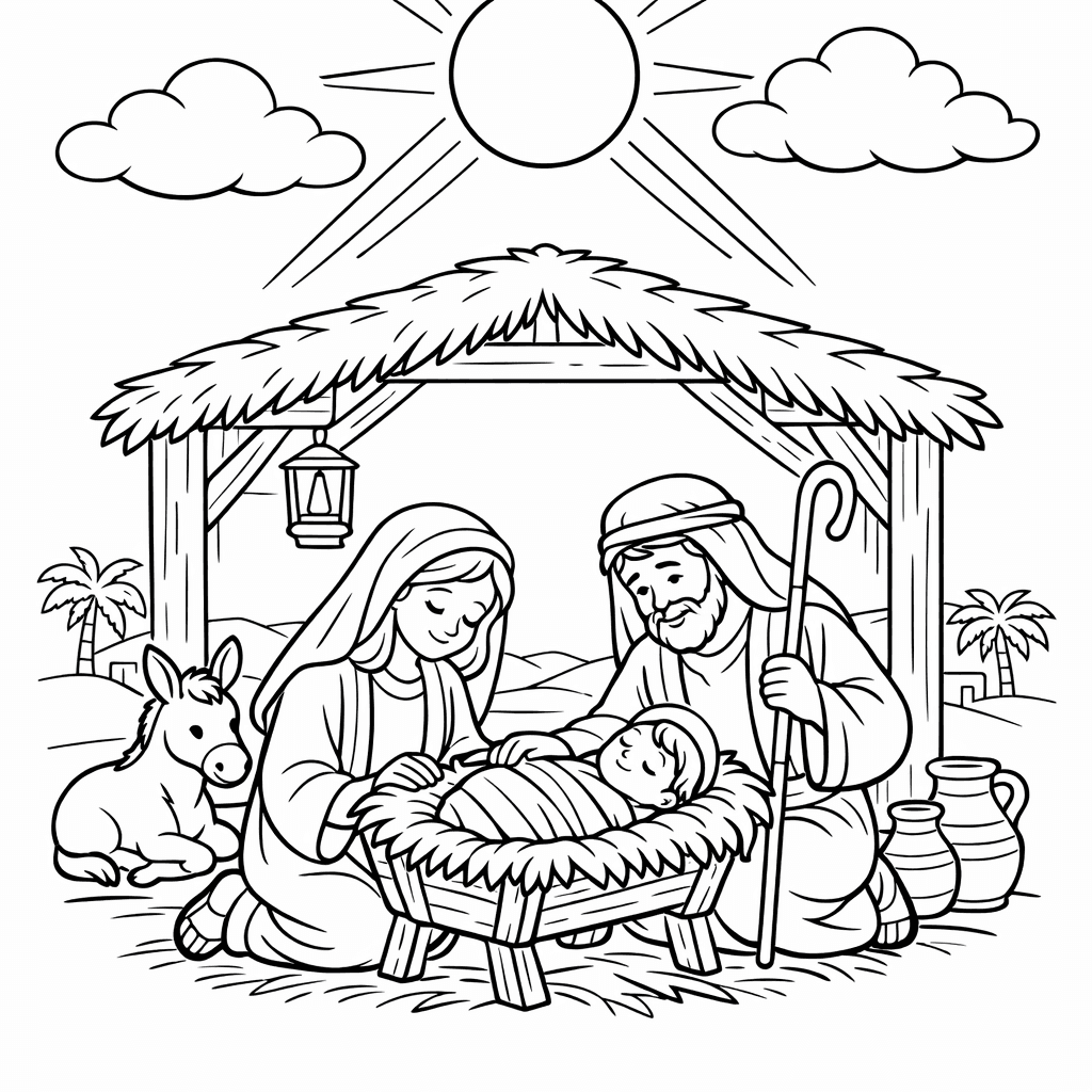 Free printable coloring page: Manger Scene, for ages 7-12