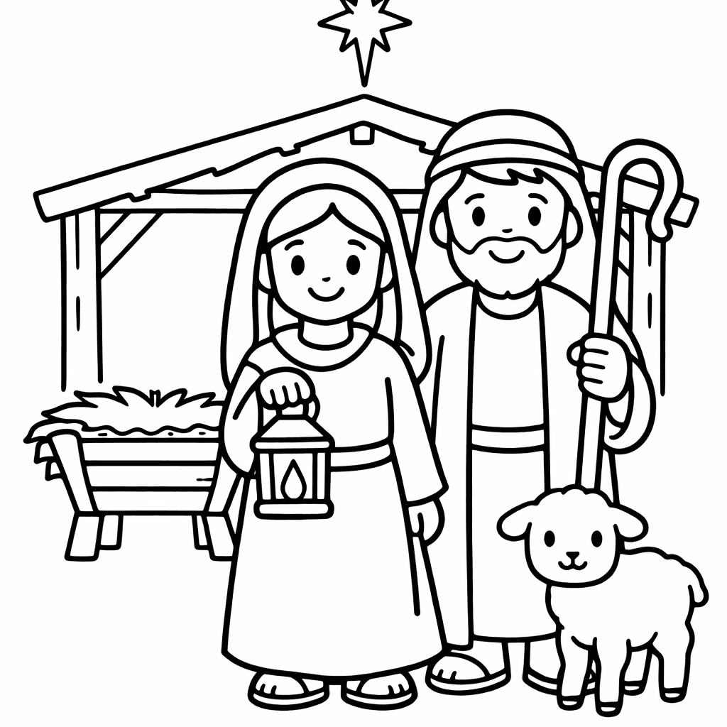 Free printable coloring page: Stable And Star, for ages 3-6