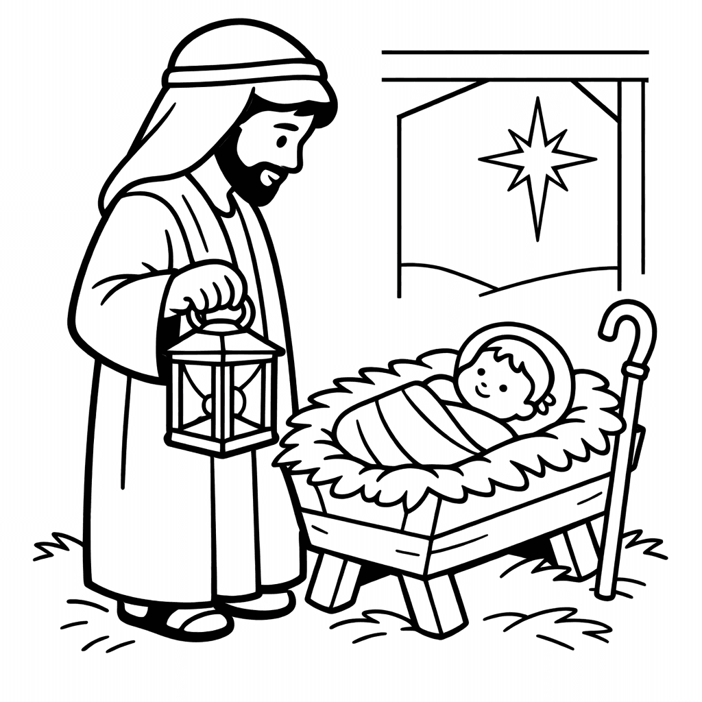 Free printable coloring page: Object Only: A Cute Nativity With Clean Outlines,…, for ages 3-6