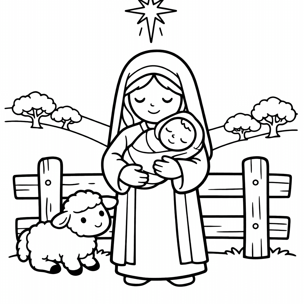 Free printable coloring page: Manger Scene, for ages 3-6