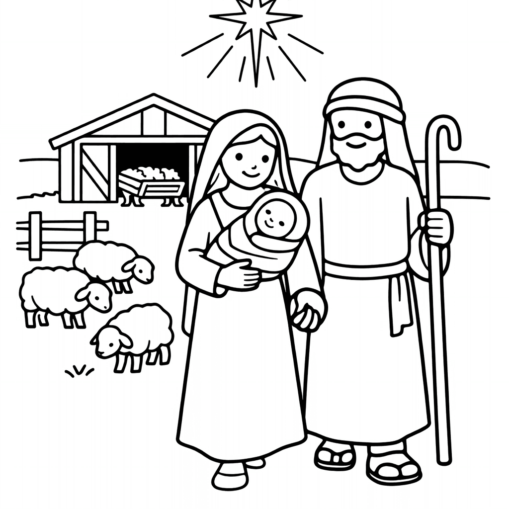 Free printable coloring page: Manger And Animals, for ages 3-6