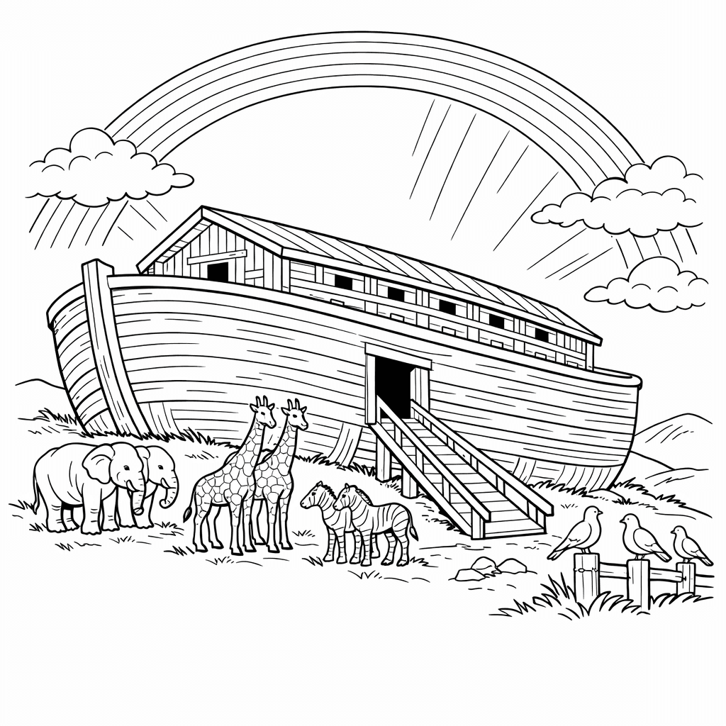 Free printable coloring page: Ark And Animals, for ages 7-12