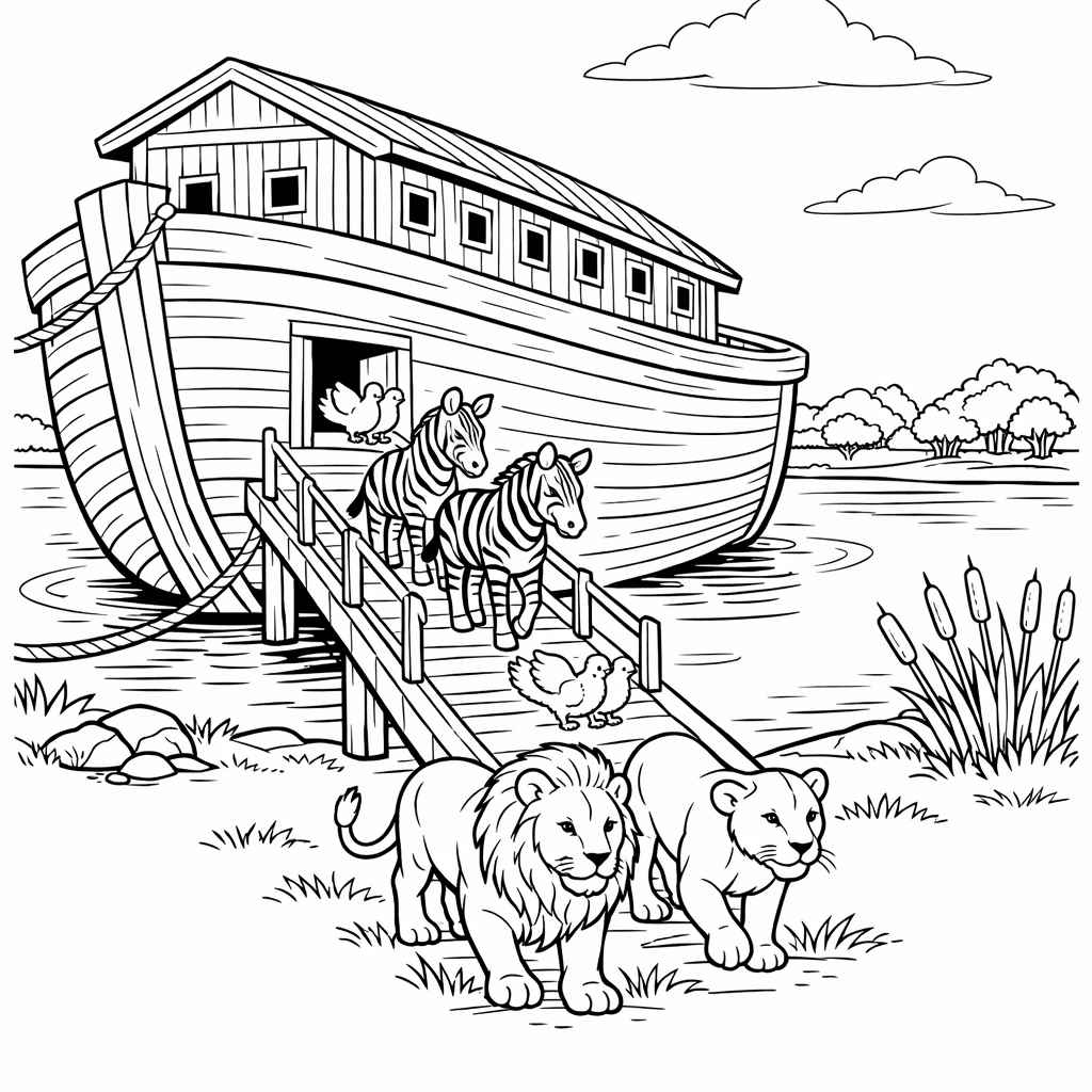 Free printable coloring page: Object Only: A Cute Noah's Ark With Clean…, for ages 7-12