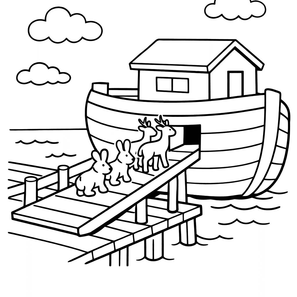 Free printable coloring page: Ark And Rainbow, for ages 3-6