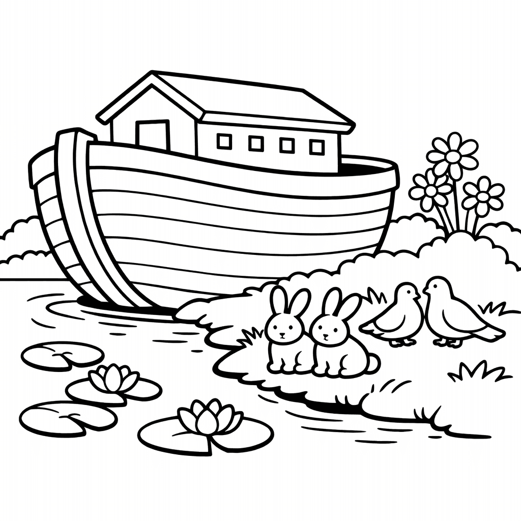 Free printable coloring page: Ark And Animals, for ages 3-6