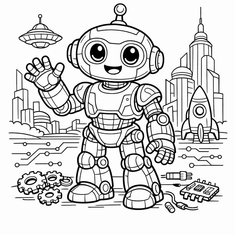 Free printable coloring page: Friendly Robot Holding Balloons At A Colorful Birthday…, for ages 7-12
