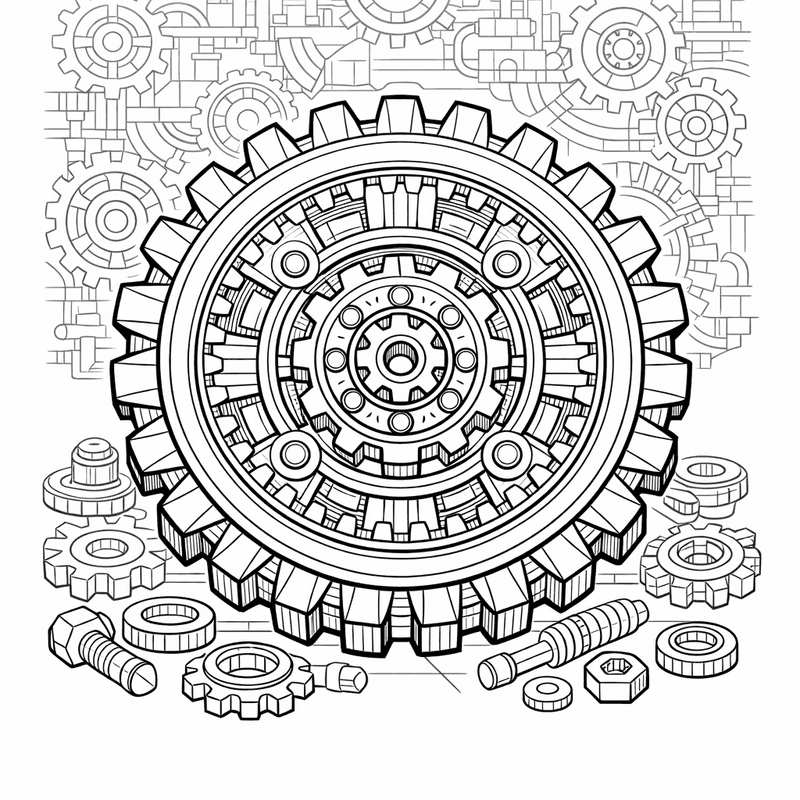 Free printable coloring page: Gear And Robot, for ages 7-12