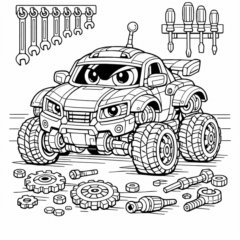 Free printable coloring page: Robot Car And Wheels, for ages 7-12